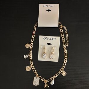 ON:34TH Gold and White Charm Necklace and Earring Set NWT